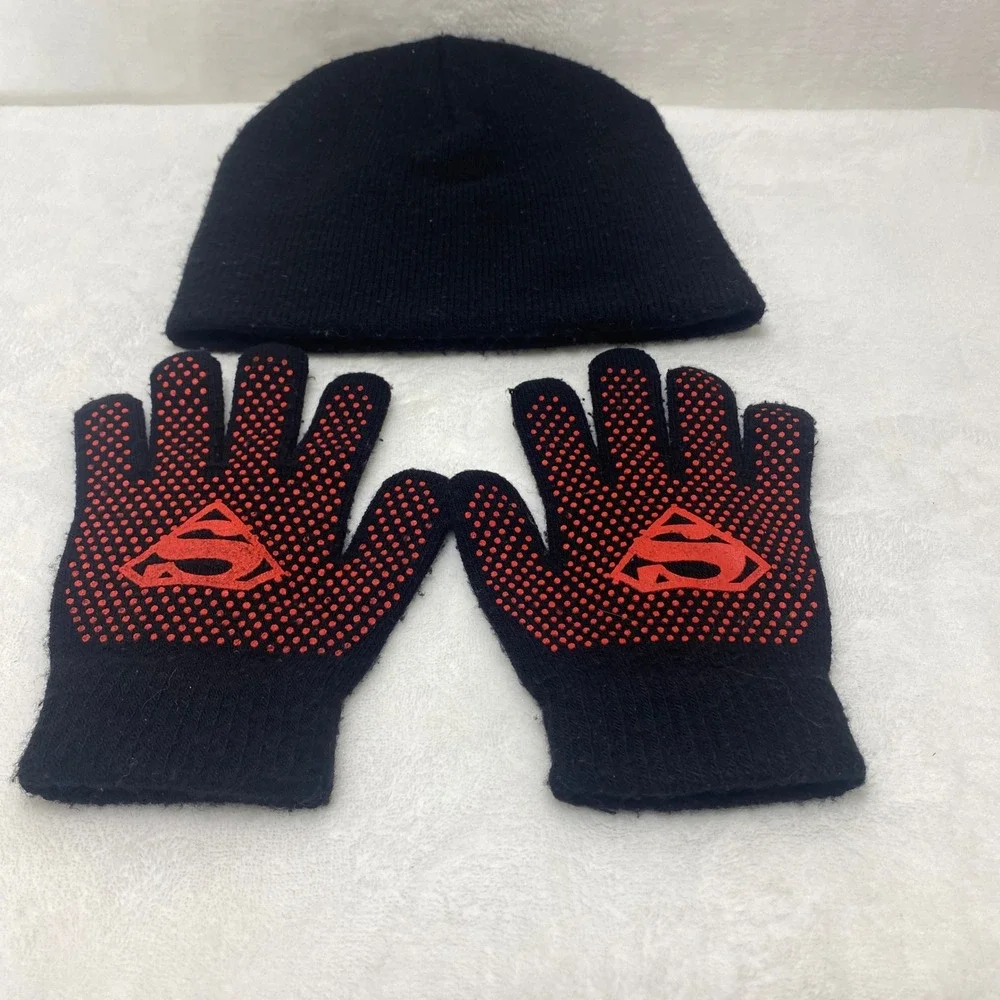 VTG Childs Superman Knit Beanie Hat Gloves‎ Set Black Red S Shield Logo Winter
